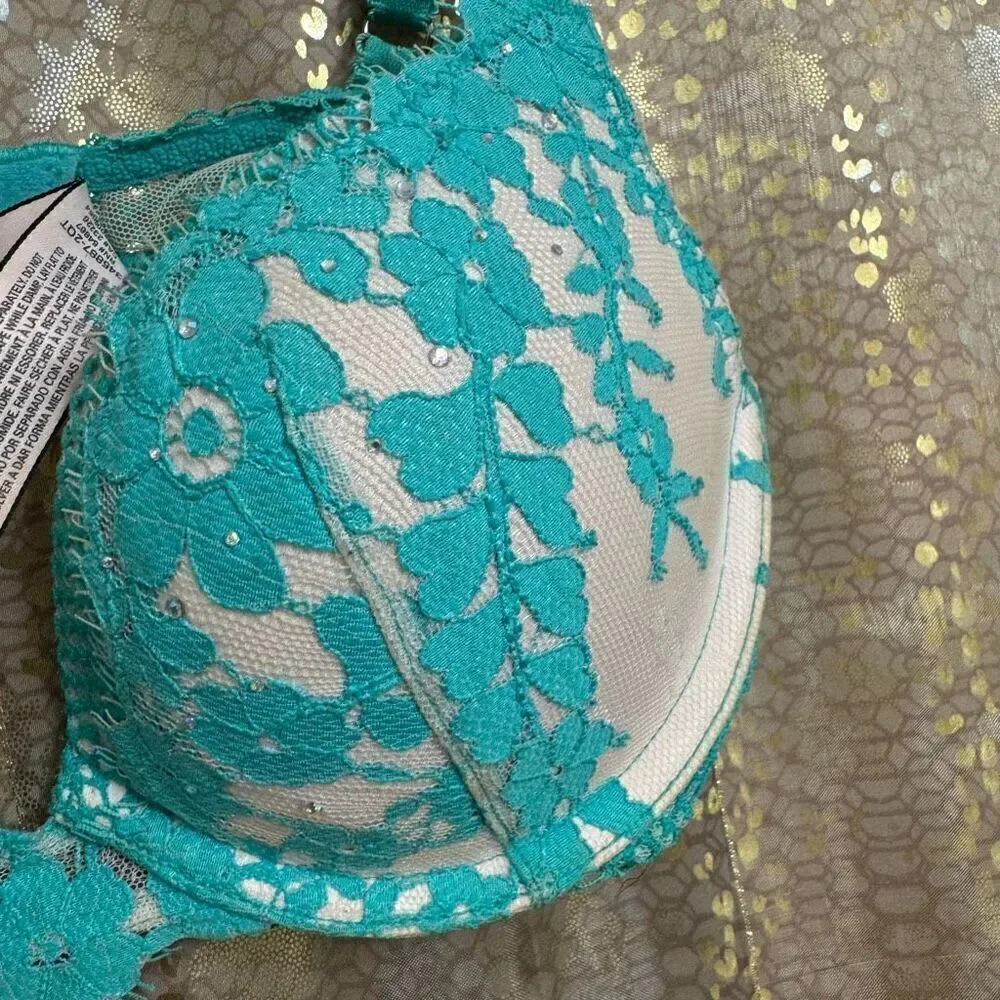 Victorias Secret Teal Lace Rhinestone Dream Angels‎ Push Up Bra 32B